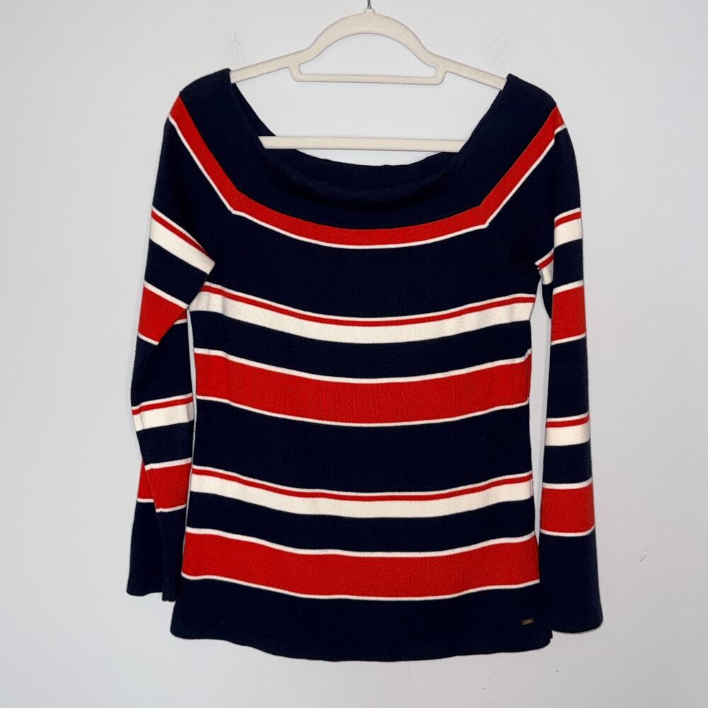 Tommy Hilfiger Womens Striped Sweater Size L Boat Neck Navy Red Preppy Stretchy